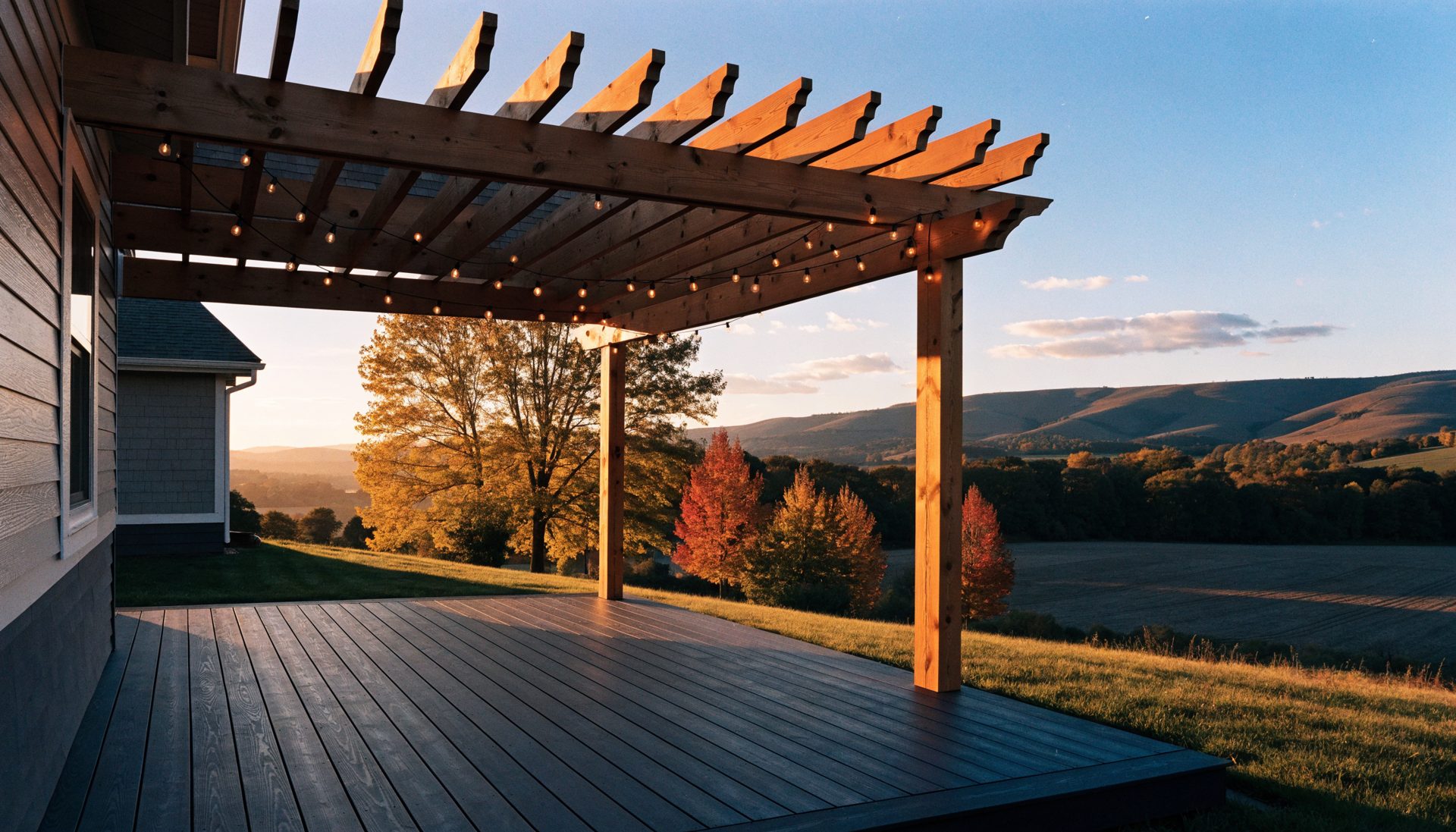A cedar pergola overlooking rolling autumn hills